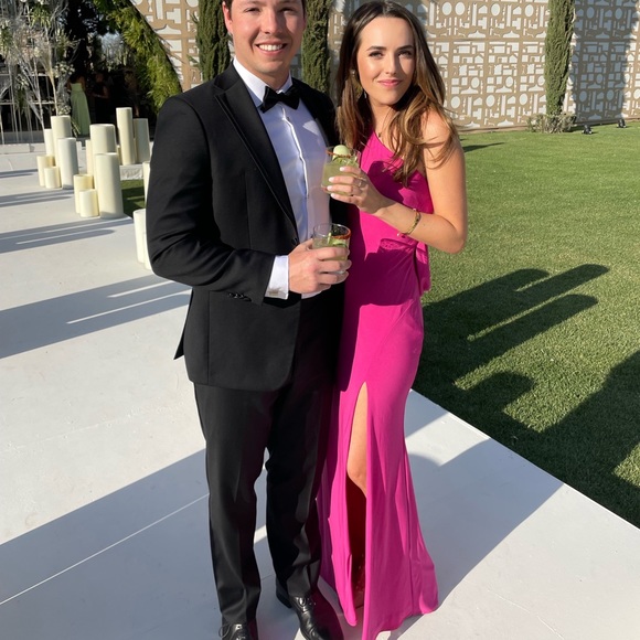 Max Duggal One Shoulder Jersey Sheath Gown Pink - Picture 2 of 5